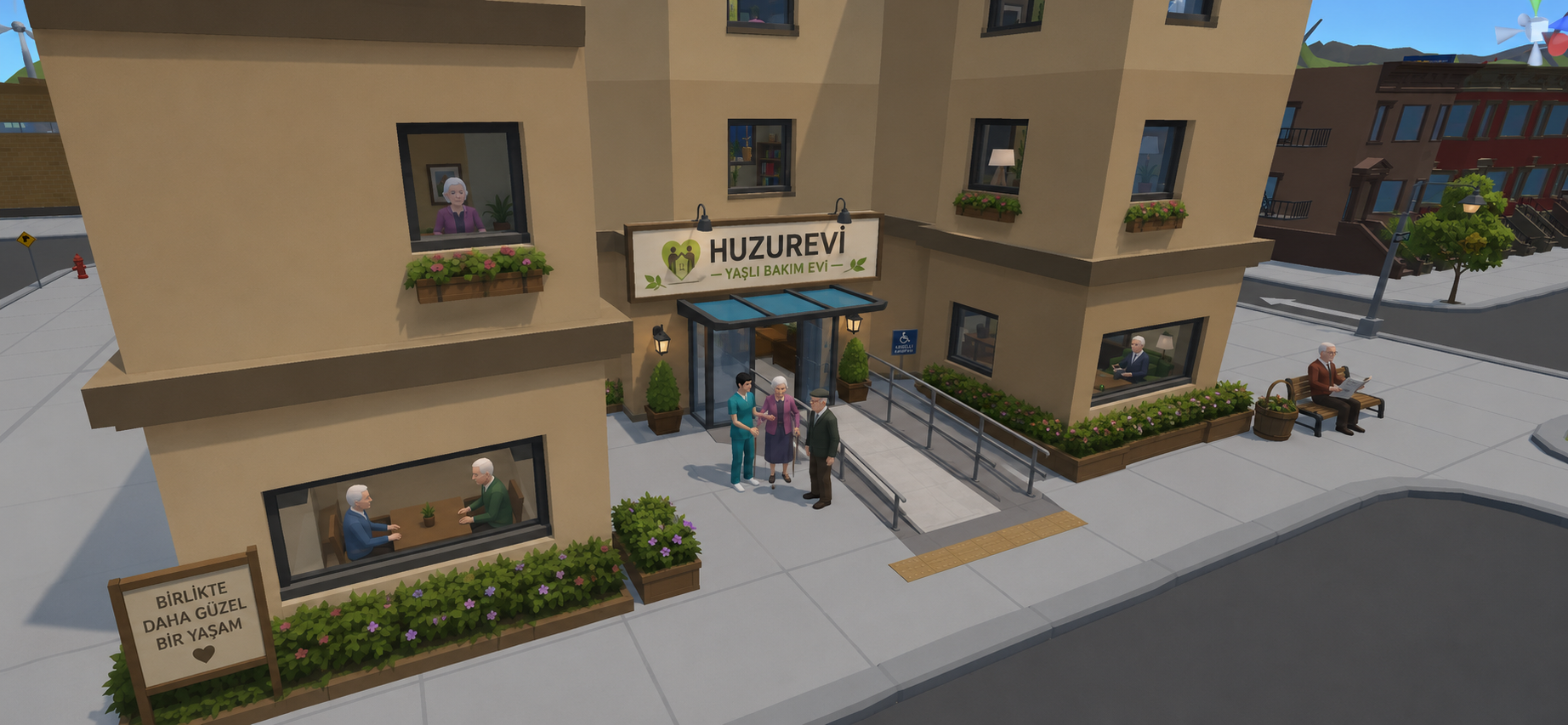 A student helps a resident at the care home.